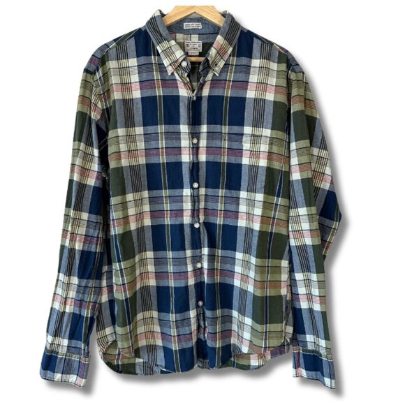 J. Crew Mens Large Button Down Shirt Madras Fabric Heritage Plaid Blue Green Red - Picture 1 of 5